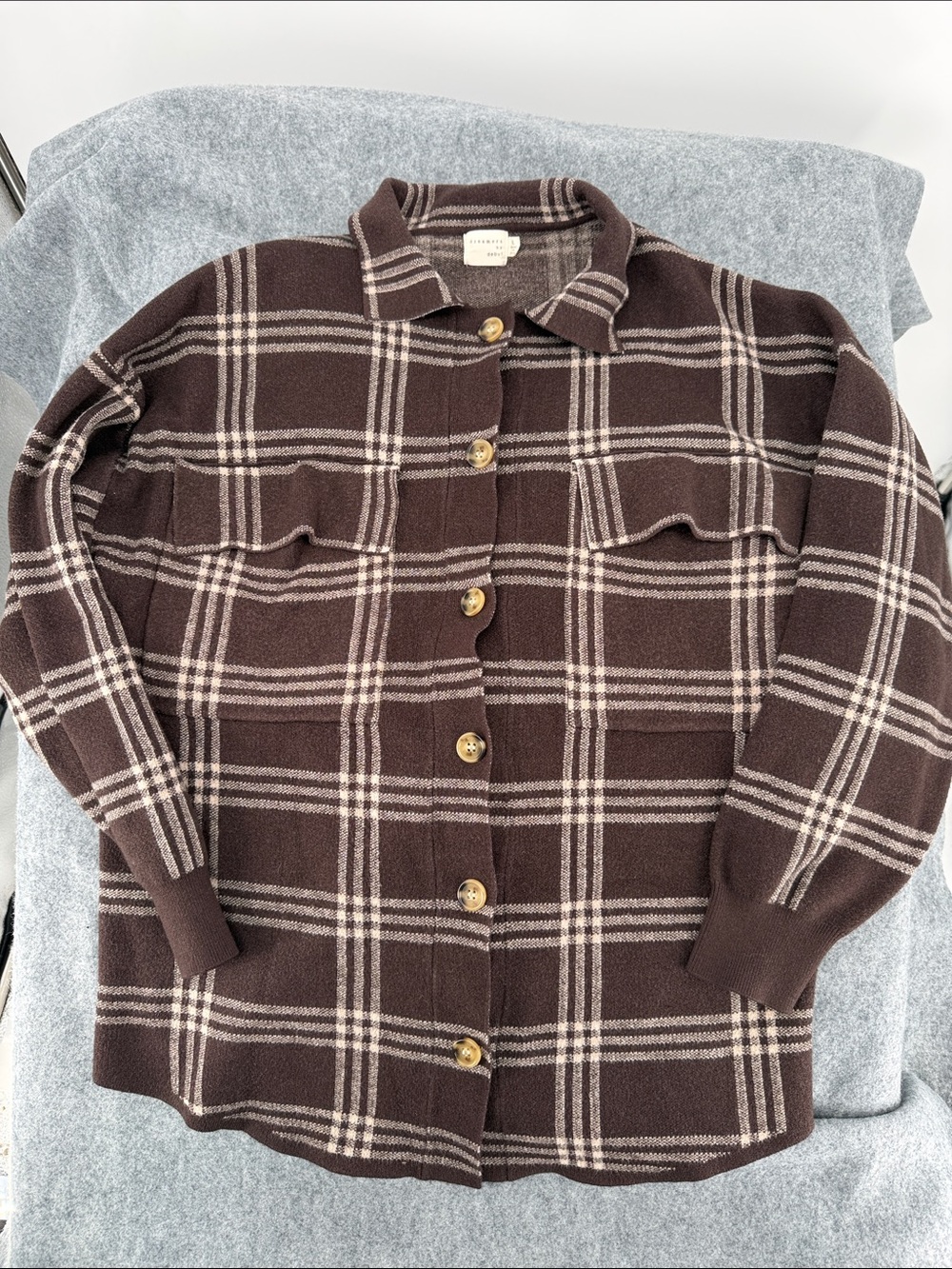 Dreamers by Debit Brown & Cream Plaid Button-Down long sleeve Shacket shirt L